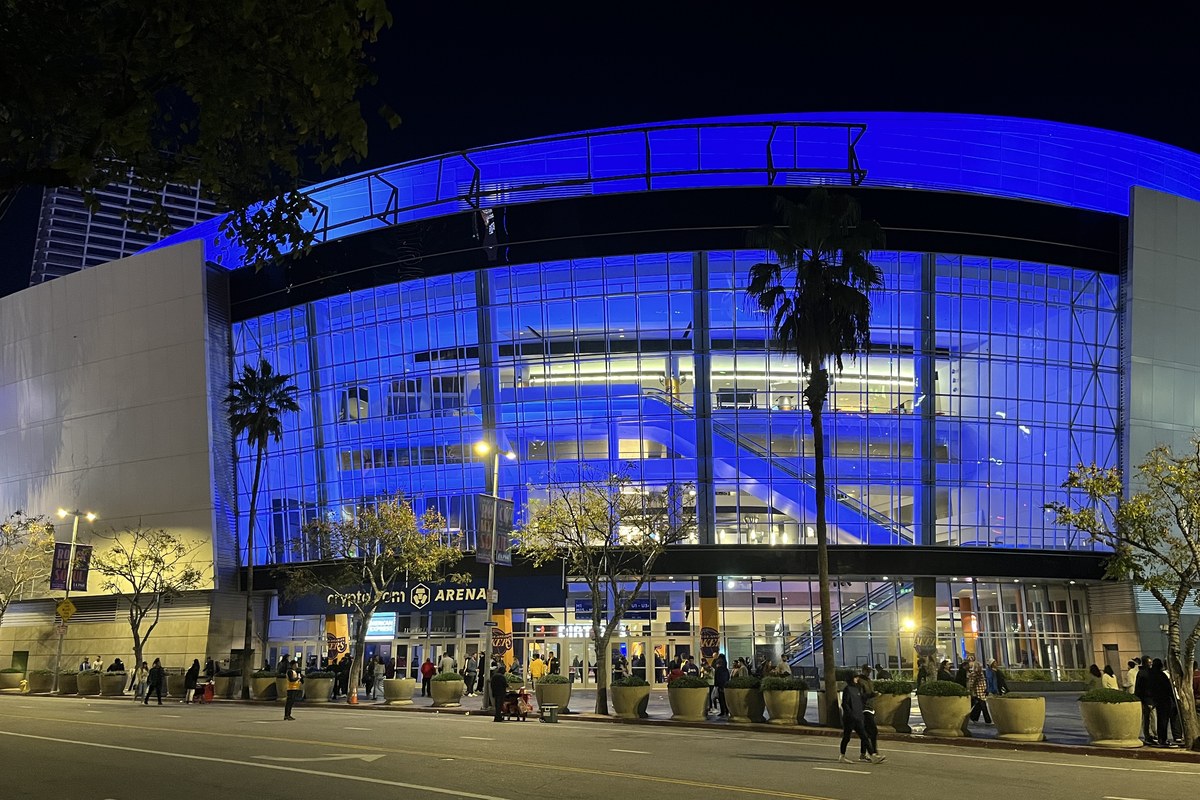 Exterior of Crypto.com Arena in Los Angeles at night, photographed in November 2022