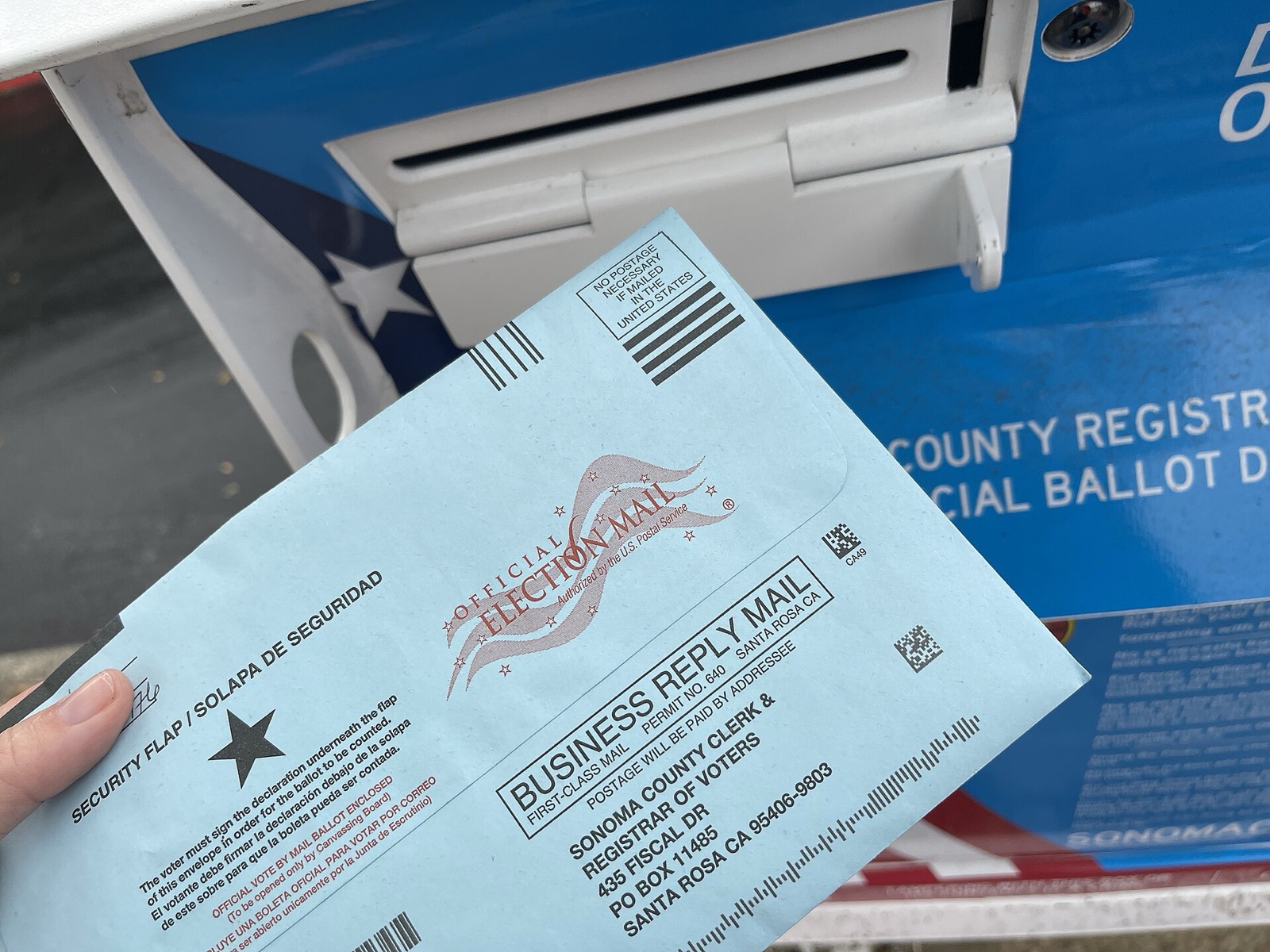 A paper ballot beside a ballot box in Sonoma, California