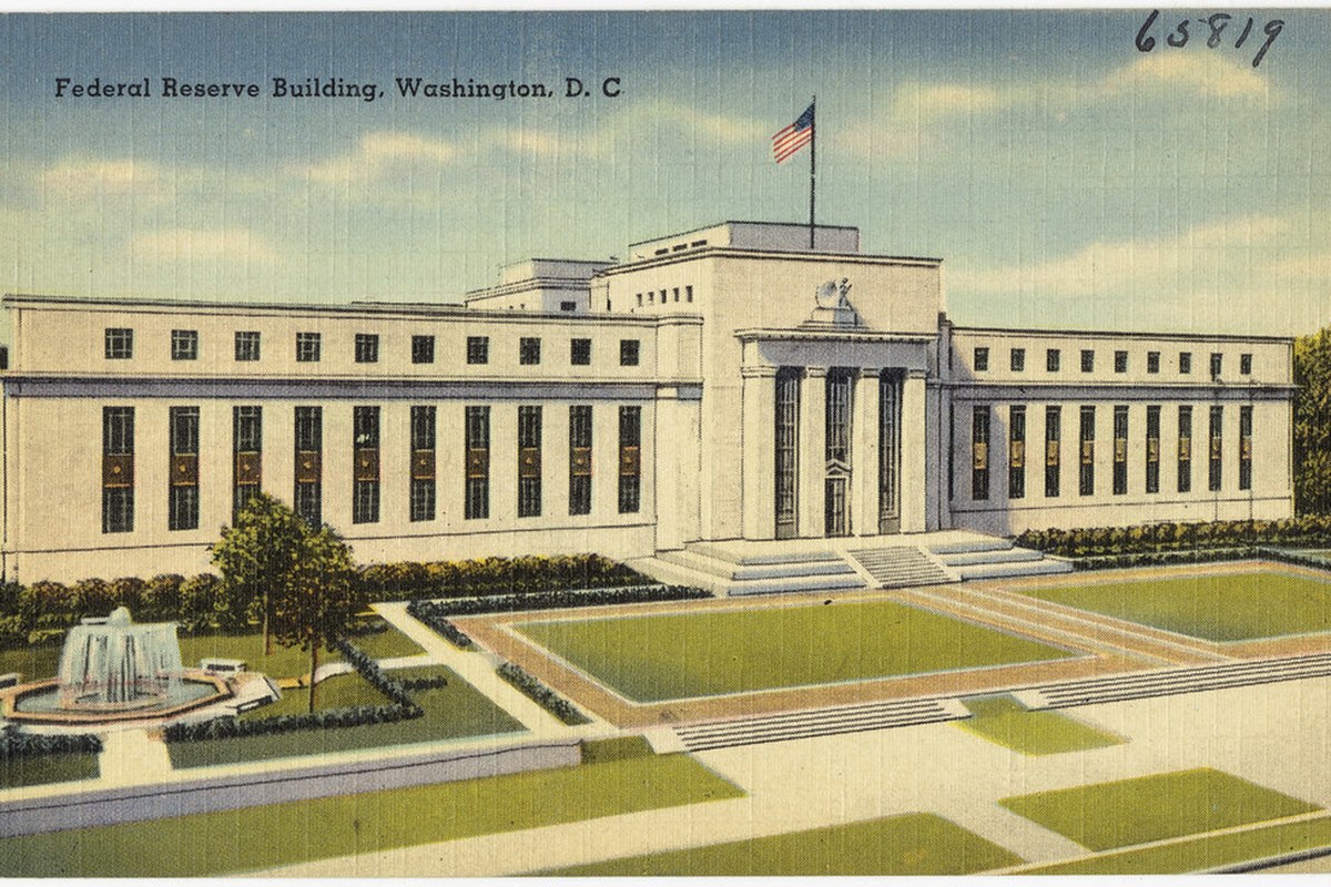 Historical Federal Reserve Building postcard issued circa 1930-1945; context, not the July 2026 meeting