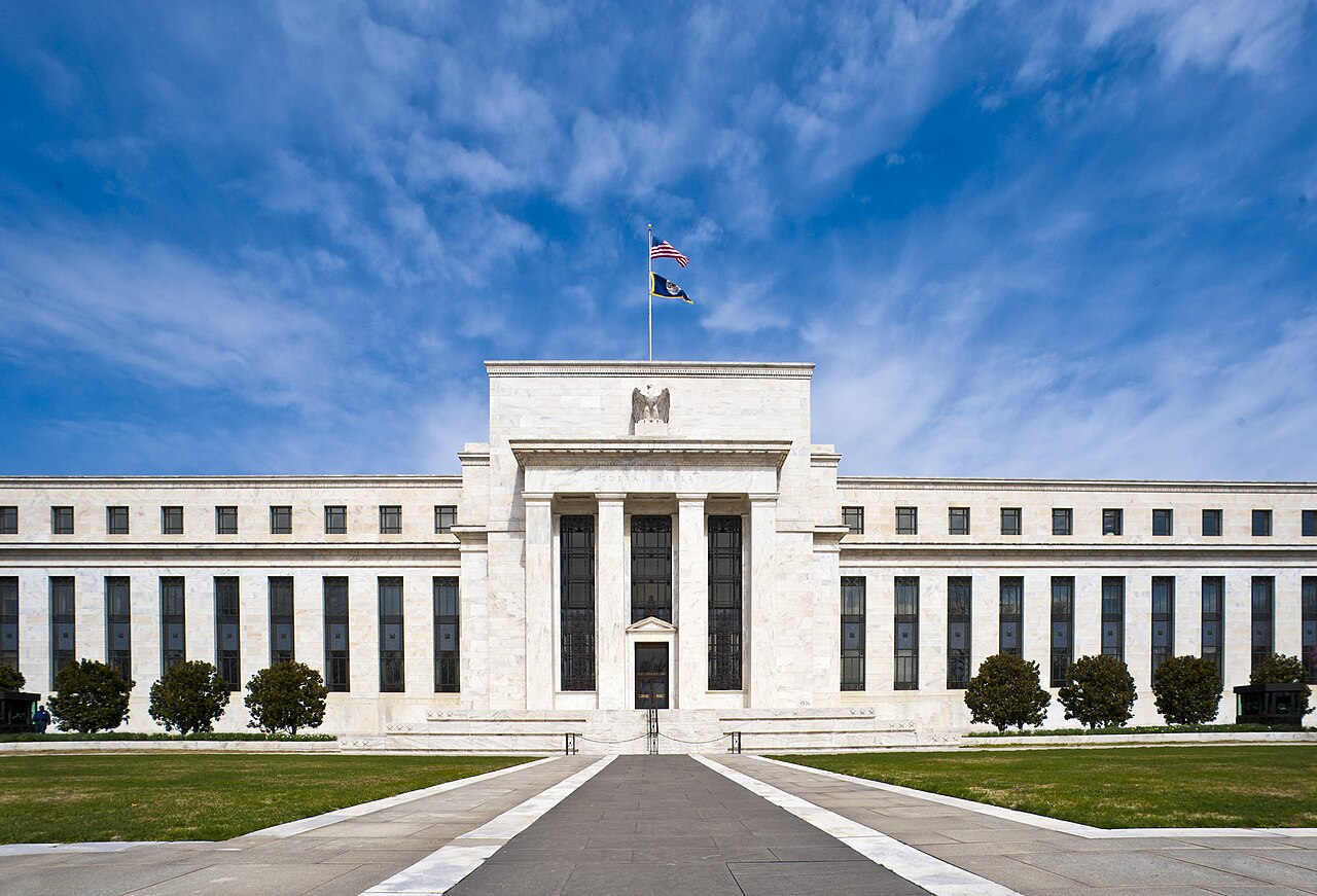 Front entrance of the Marriner S. Eccles Federal Reserve Board Building in Washington, D.C.