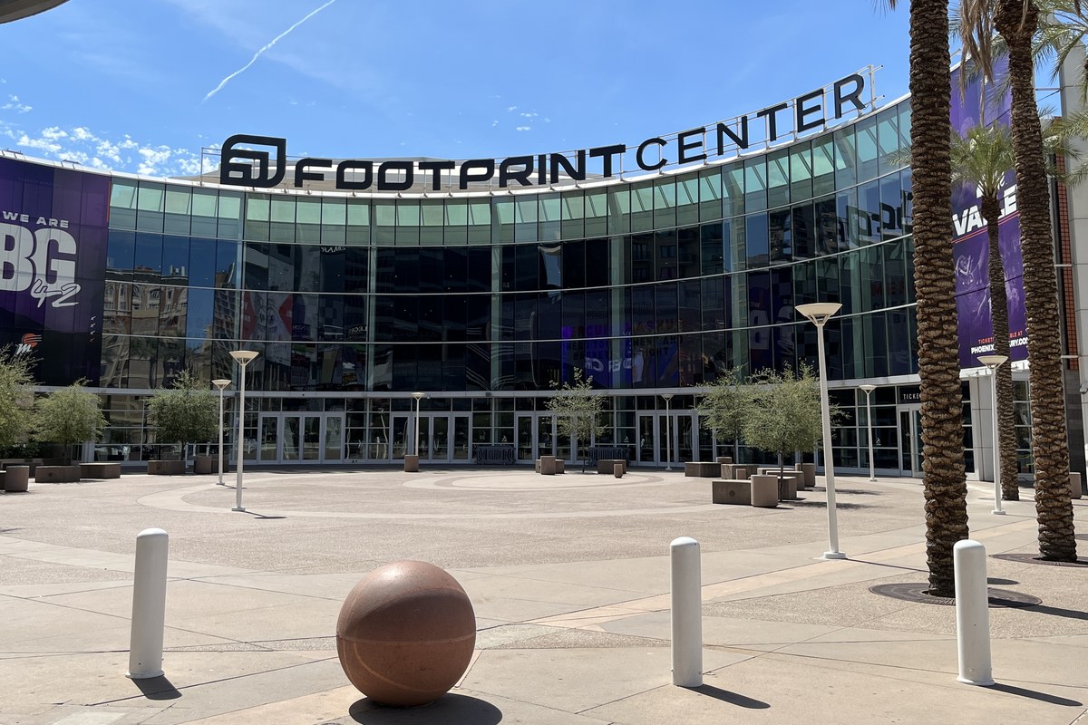 Exterior of the Phoenix Suns arena now called Mortgage Matchup Center, photographed in 2022 under its former Footprint Center name